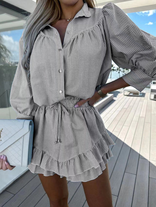 Conjunto Casual de Falda y Shorts a Rayas con Manga Larga - Image 11