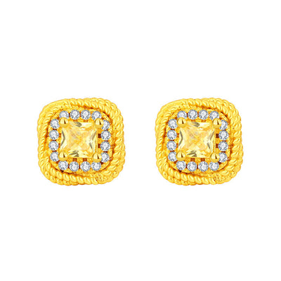 Women's gold-toned jewelry set with a ring, necklace, and stud earrings, each featuring a square yellow gemstone surrounded by small clear stones. - Image 7