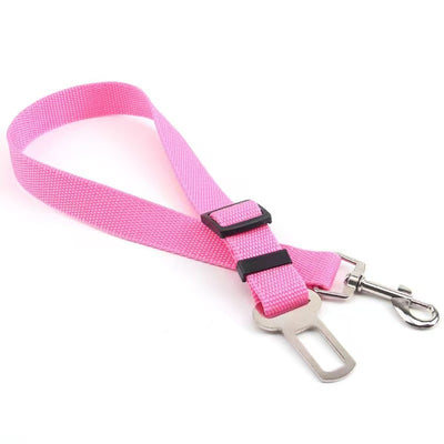 Pink adjustable dog car seat belt with a metal seatbelt buckle and a silver swivel snap hook. - Image 14