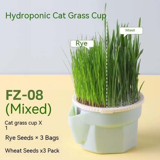 Mint green hydroponic cat grass cup with fresh rye and wheat grass, including 3 packs of each seed type. - Image 4