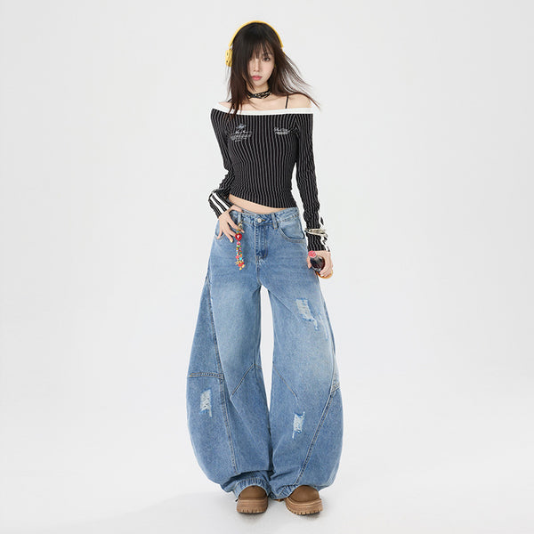 Pantalones Vaqueros Vintage Estilo Americano Bootcut Talle Ancho Lavado