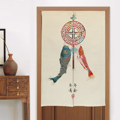 Chinese style fabric door curtain with cherry blossoms, colorful lanterns, and a white cat walking on a beige background. - Image 25