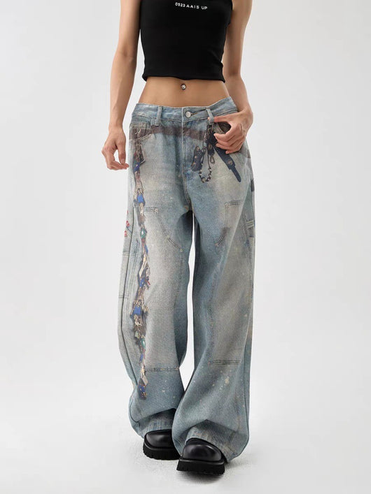 Pantalones Anchos Estilo Retro Americano con Estampado 3D Lavado - Image 10