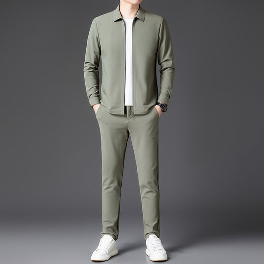 Conjunto de Dos Piezas para Hombre: Cardigan con Cierre y Pantalones Trendy Otoño