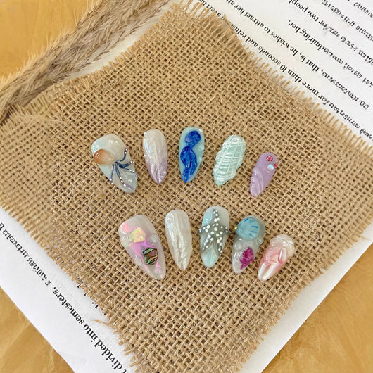 Uñas Postizas Artesanales Mundo Submarino Feliz Blanco - Manicura Larga Avanzada - Image 3