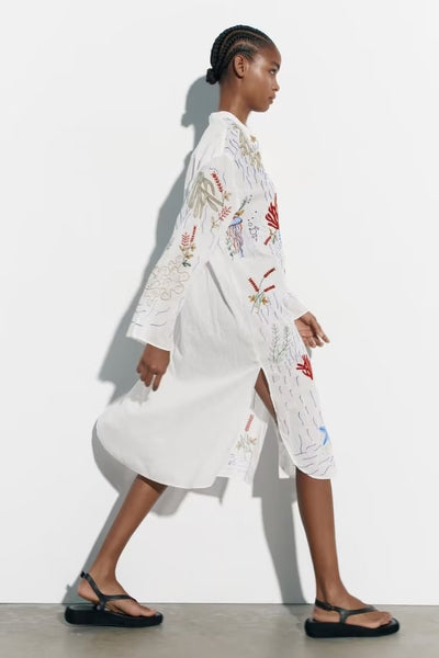 Vestido Camisero Largo Holgado con Bordados para Mujer - Image 3