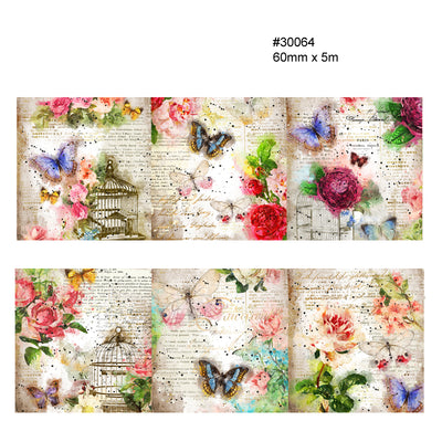 Two rolls of vintage floral washi tape with clocks, feathers, and text overlays, measuring 55mm x 5m. - Image 25
