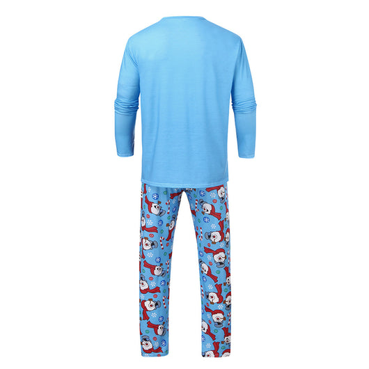 Christmas parent-child long sleeve pajamas with a snowman graphic on grey and blue tops, and patterned pants. - Image 20