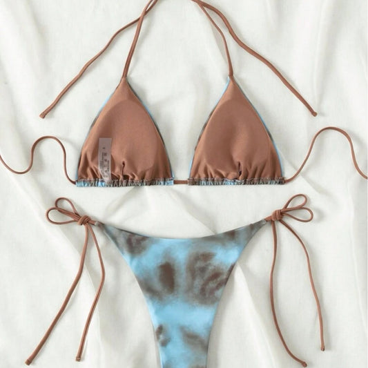 Women's two-piece bikini swimsuit with blue and neon yellow tie-dye pattern, featuring a triangle top and tie-side bottom. - Image 2