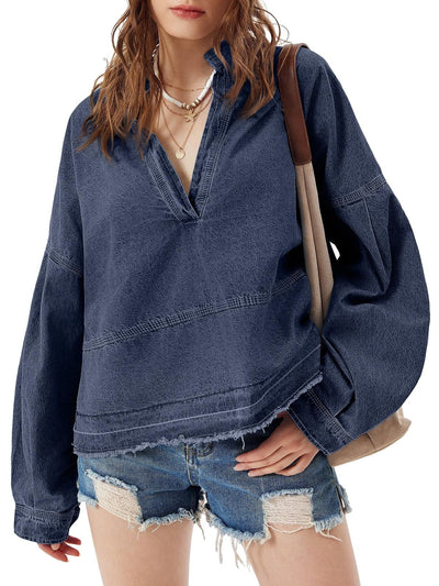 Blusa Denim Holgada de Cuello V y Manga Larga Versátil - Image 23