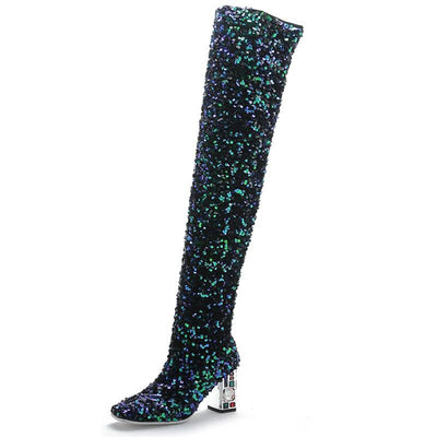 Botas Altas Elásticas con Tacón Grueso y Lentejuelas Bicolor para Mujer Talla Grande - Image 14