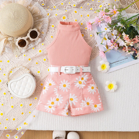 Conjunto Infantil de Shorts Estampados con Cinturón y Top Halter de Color Liso - Image 2