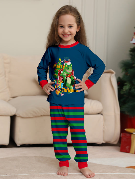 Child's blue long-sleeve Christmas pajamas with a dinosaur graphic and red and green striped pants. - Image 10