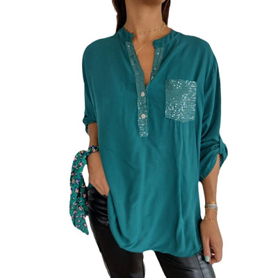 Blusa Casual V-Neck con Bolsillos y Parches Lentejuelas para Mujer - Image 5