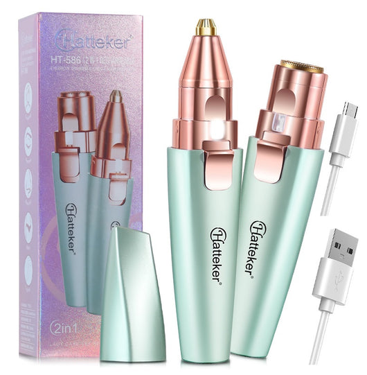 Two mint green and rose gold 2-in-1 electric eyebrow shaping devices with USB cables and packaging. - Image 27