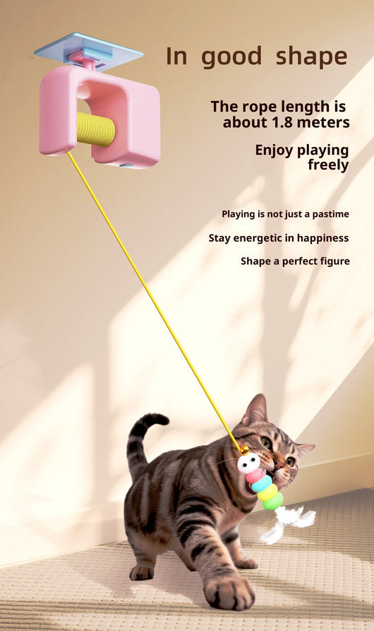 Electric pet cat toy with a blue hanging mechanism, yellow yo-yo string, and a colorful feathered lure. - Image 11