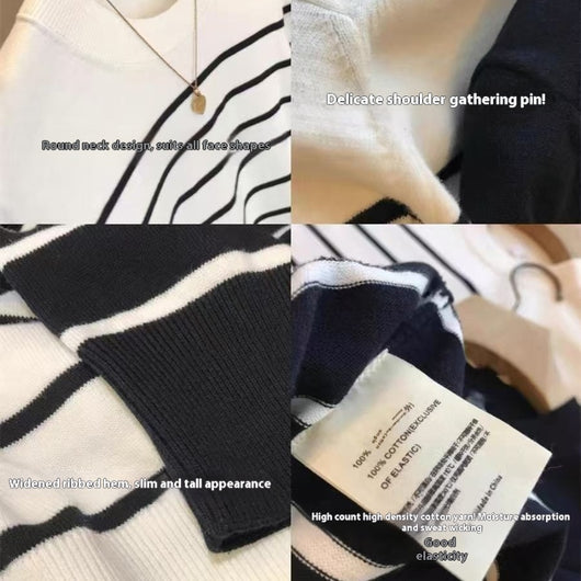 Blusa Tejida de Rayas con Cuello Redondo y Manga Corta para Mujer - Image 6