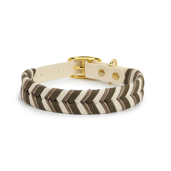 Braided dog collar with chevron pattern in cream and brown, featuring a cream strap and gold-tone metal buckle. - Image 5