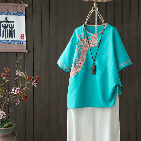 Blusa de Lino Bordada Estilo Chino Retro Literario para Mujer