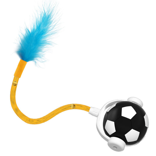 Interactive cat toy with a blue and white soccer ball, a flexible yellow rod with bells, and a blue feather. - Image 5