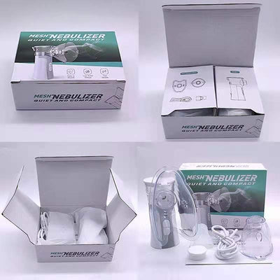 Hand-held compression atomizer with a clear mask and white and blue body, emitting a fine mist. - Image 10