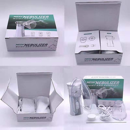 Hand-held compression atomizer with a clear mask and white and blue body, emitting a fine mist. - Image 10