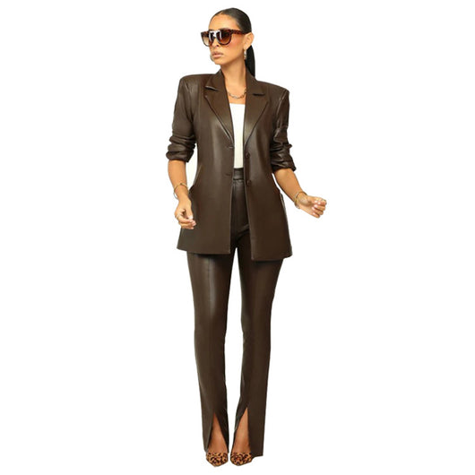 Traje de Cuero PU con Pliegues - Conjunto Elegante para Mujer - Image 11