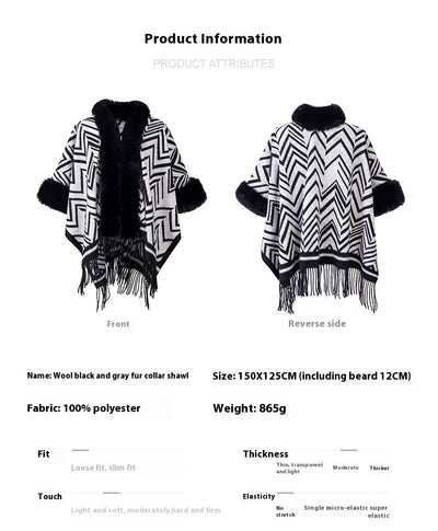Chal Elegante con Cuello de Piel Jacquard Negro y Gris - Image 10