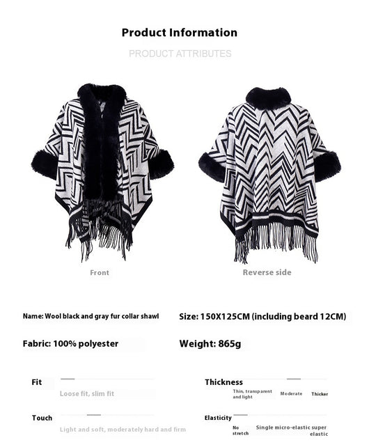 Chal Elegante con Cuello de Piel Jacquard Negro y Gris - Image 10