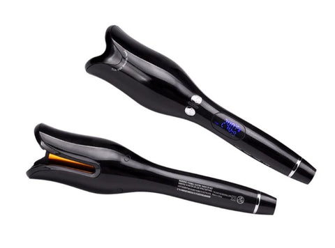 Black automatic curling iron with a digital temperature display and control buttons, featuring a curved barrel and swivel cord. - Image 7
