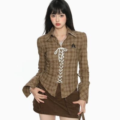Camisa Cuadriculada con Cordones y Encaje para Mujer - Image 8