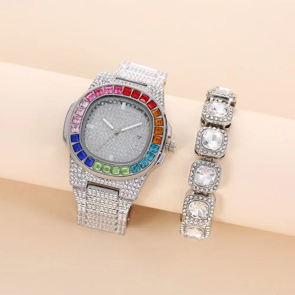 Reloj de Pulsera Cuadrado de Acero con Diamantes Incrustados y Calendario