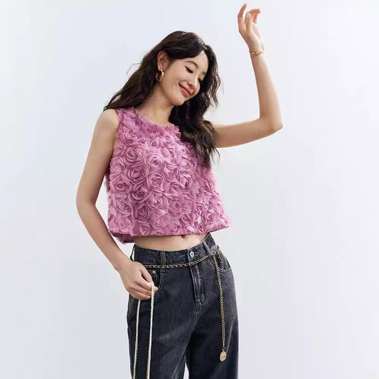 Blusa Suelta sin Mangas con Rosas Tridimensionales