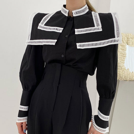 Blusa Suelta con Solapa Grande y Detalles de Contraste - Image 2