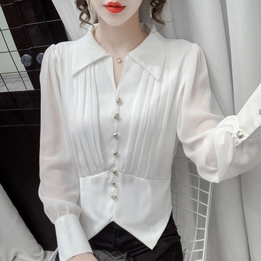 Blusa Casual de Gasa Manga Larga con Solapa Plisada para Mujer - Image 8