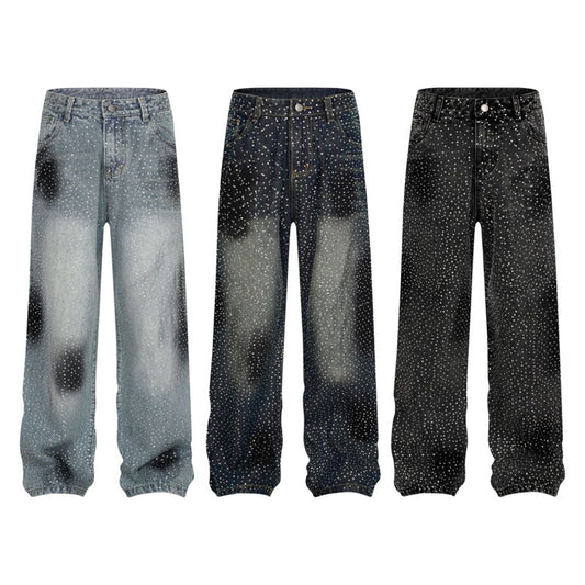 Pantalones Jeans Rectos Anchos con Detalles de Strass - Diseño Casual Moderno