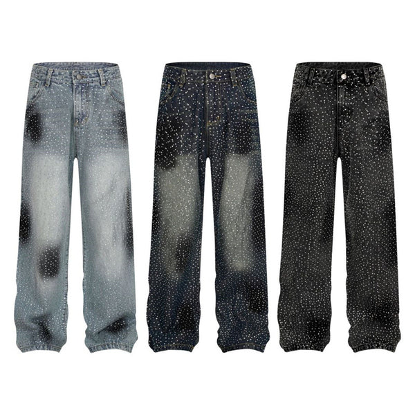 Pantalones Jeans Rectos Anchos con Detalles de Strass - Diseño Casual Moderno
