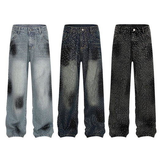 Pantalones Jeans Rectos Anchos con Detalles de Strass - Diseño Casual Moderno