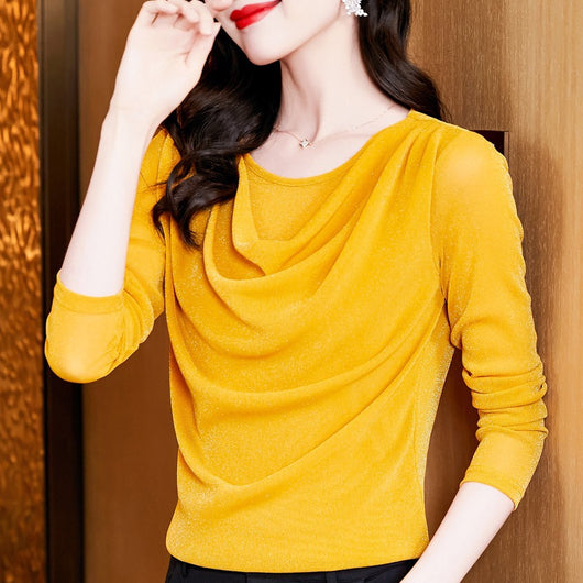 Blusa Elegante de Seda Brillante con Cuello Redondo y Manga Larga - Image 2