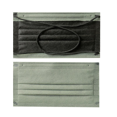 Black and sage green disposable protective mask with crossed ear straps, showing pleated design and non-woven fabric. - Image 14