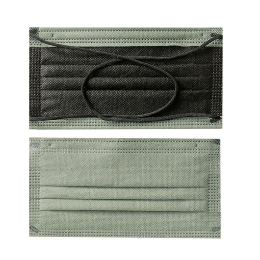 Black and sage green disposable protective mask with crossed ear straps, showing pleated design and non-woven fabric. - Image 14
