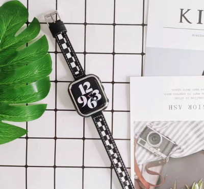 Correa Apple Watch 7 Cuadros Blanco y Negro Lona y Cuero - Image 12