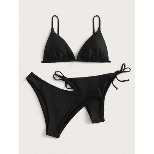Lavender three-piece bikini set with a triangle top, tie-side bottom, and high-cut bottom, displayed with a straw hat and purple sunglasses. - Image 11
