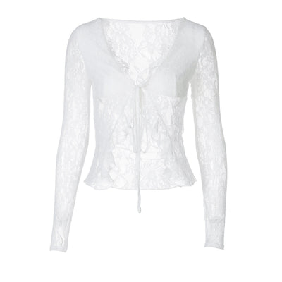 Cardigan de Encaje Transparente con Escote V y Cordones - Image 5