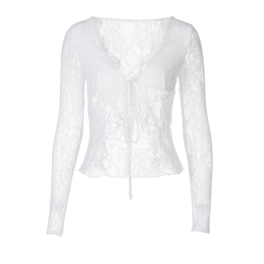 Cardigan de Encaje Transparente con Escote V y Cordones - Image 5