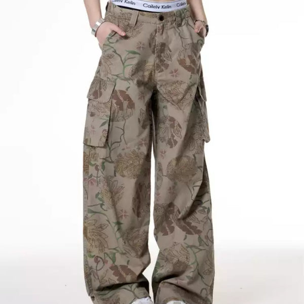 Pantalones Casuales Estilo Hot Girl con Estampado Floral y Bolsillos Grandes