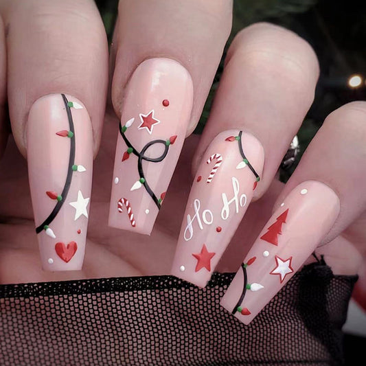 Uñas Postizas Ballet Medianas - Diseño Navideño Elegante y Puro