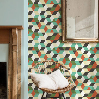 Waterproof self-adhesive wall sticker with a geometric 3D cube pattern in green, teal, orange, black, and white. - Image 15