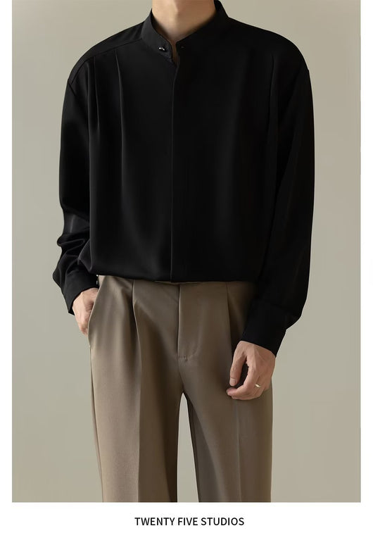 Camisa Casual Holgada de Manga Larga con Cuello Alzado para Hombre - Image 23