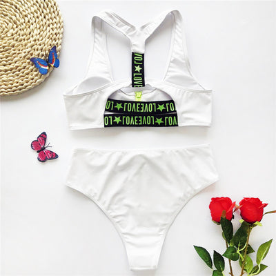 White two-piece bikini with high-neck racerback top and high-waisted bottoms, featuring neon yellow zippers. - Image 9